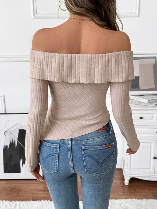 long-sleeved one-shoulder knitted shirt