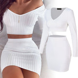 V- Long Sleeve Knitted Two-Piece Set