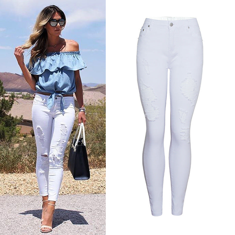 Slim White Ripped High Pencil Pants