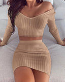 V- Long Sleeve Knitted Two-Piece Set