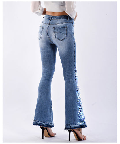 Women Denim Bell-Bottom Pants 3D Machine Embroidery Denim Women Autumn Denim Wide Leg Trousers Plus size