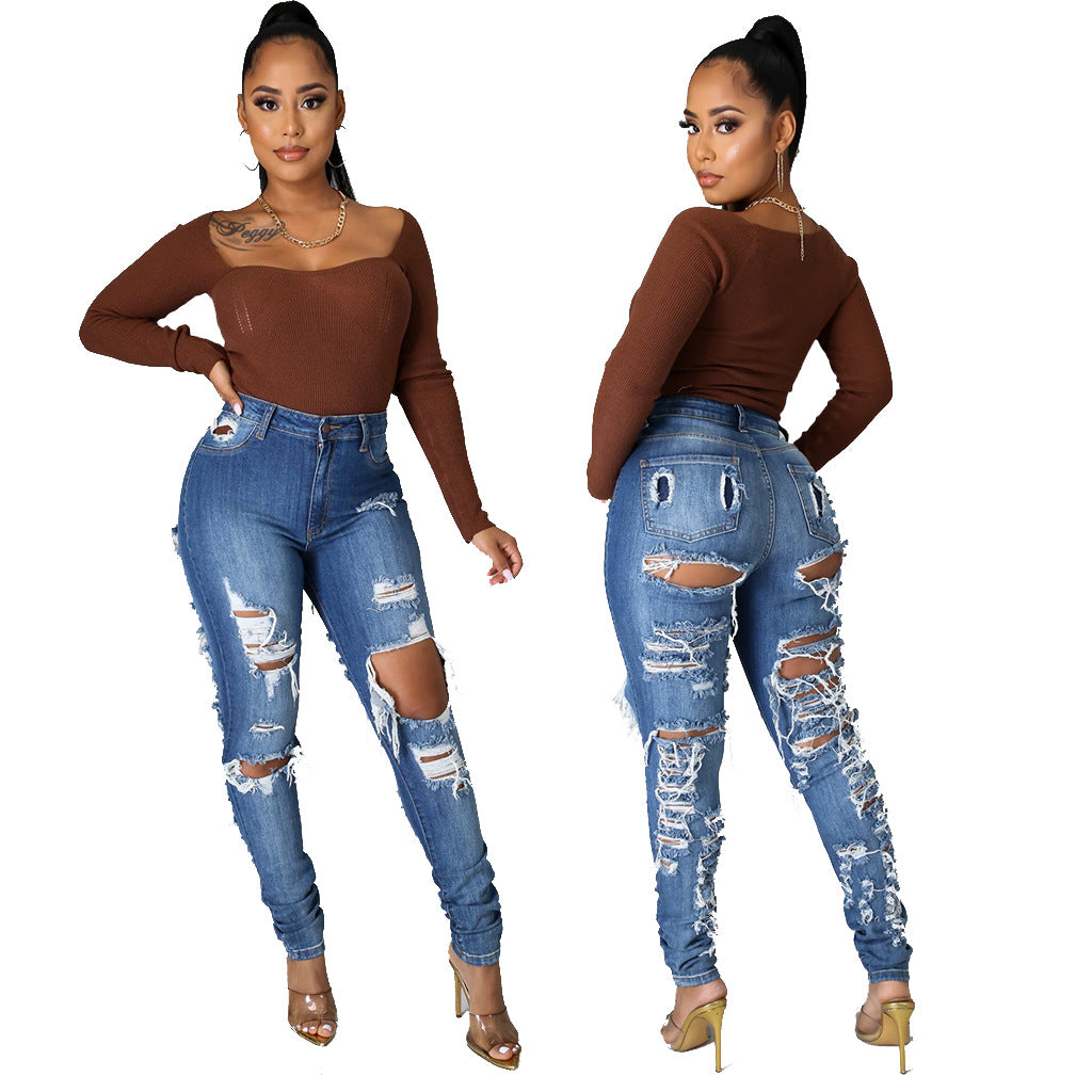 Trilogy Slim Fit High Waist Ripped Denim Skinny Pants